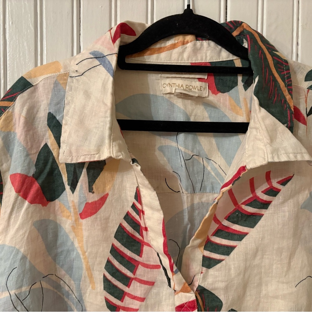 Cynthia Rowley 100% Linen Oversized Leaf Print Button Detail Blouse Size 2X - Picture 4 of 7